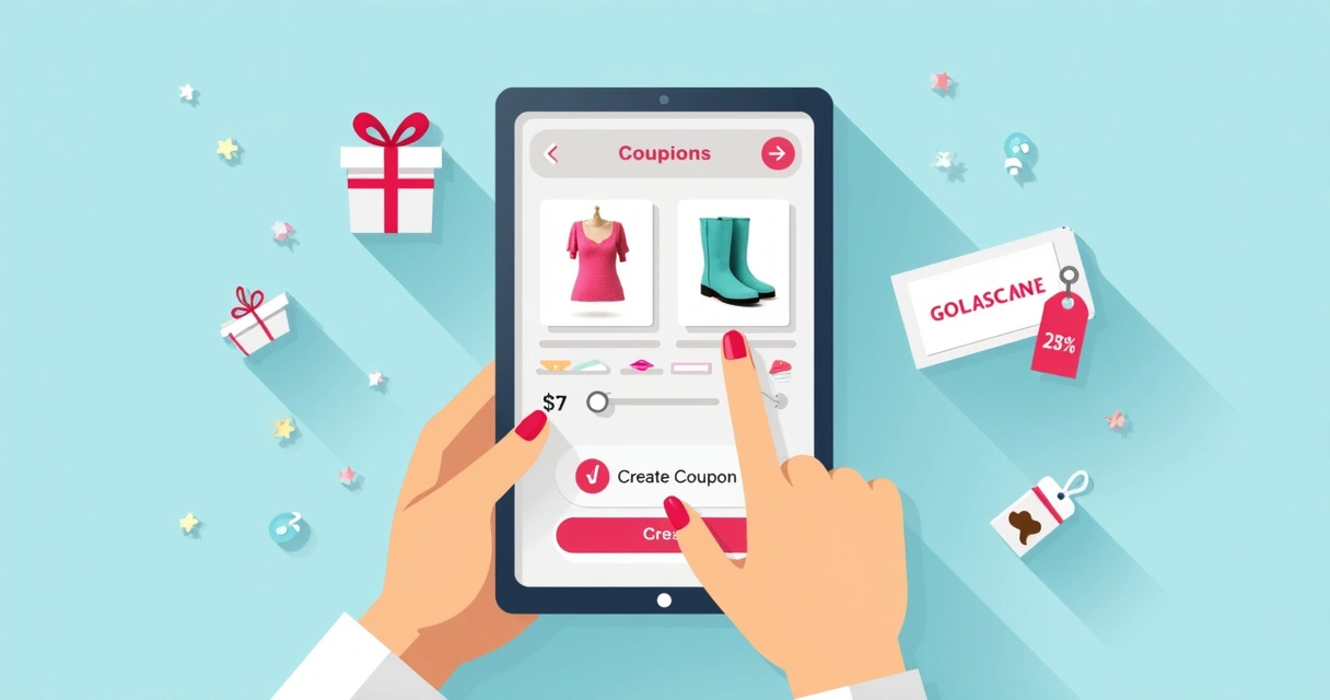 Tela de celular mostrando criação de cupom de desconto e seleção de produtos 