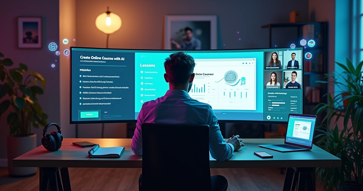 Profissional criando curso online com inteligência artificial em plataforma EAD moderna 