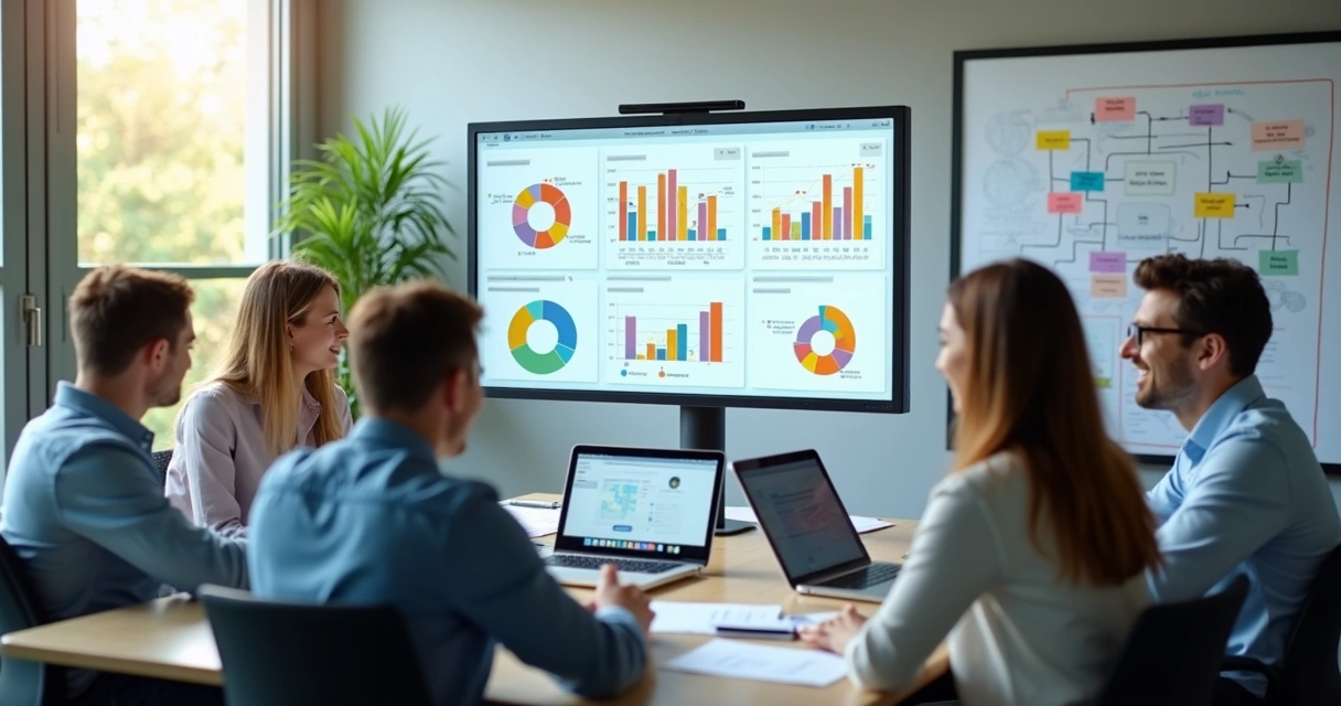 Painel de indicadores com gráficos variados sendo desenvolvido em equipe 