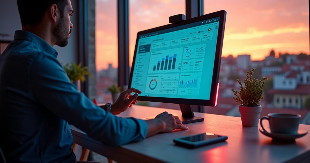 Profissional de marketing ajustando campanha digital em tela com gráficos 