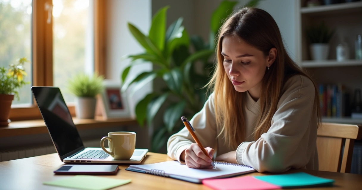 Pessoa em mesa com notebook, escrevendo roteiro de vídeo. 