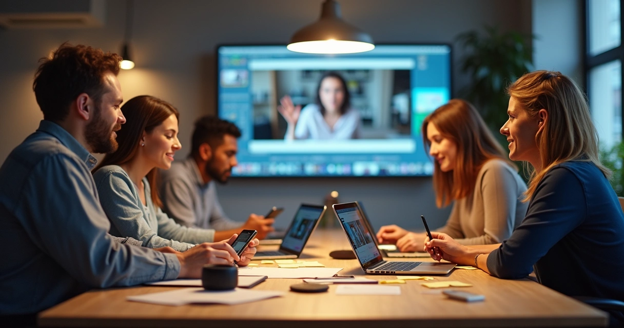 Equipe criando conteúdo digital em escritório 