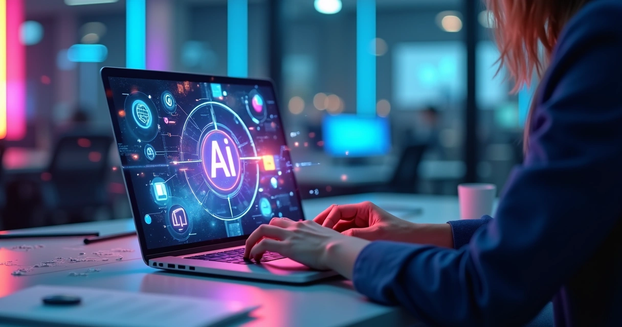 Pessoa utilizando computador com interface digital mostrando gráficos e elementos de inteligência artificial para criação de ofertas 