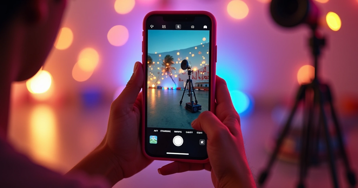 Pessoa segurando smartphone gravando um reel para Instagram em ambiente colorido. 