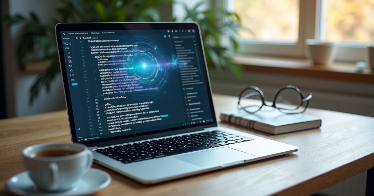 Computador com script sendo gerado automaticamente na tela por inteligência artificial para anúncio 