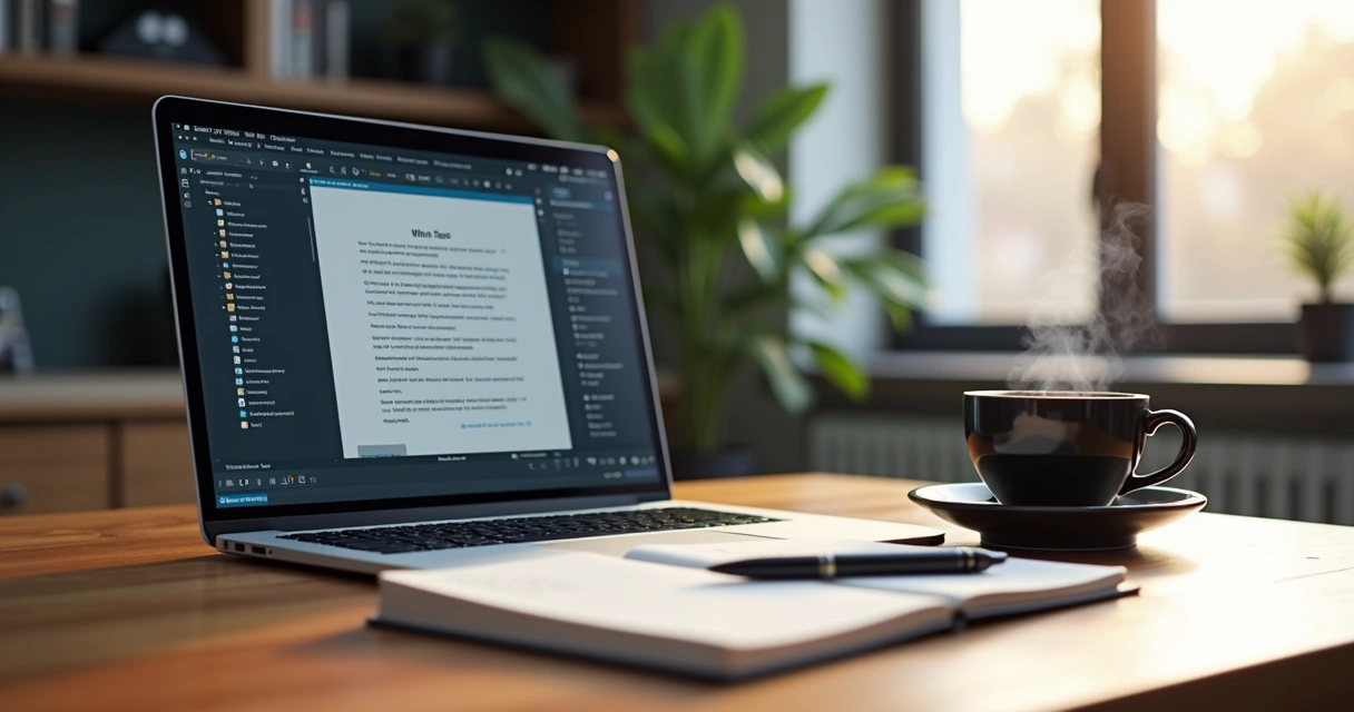 Mesa de trabalho com roteiro audiovisual digital aberto no laptop, caderno de anotações, caneta, e xícara de café ao lado 