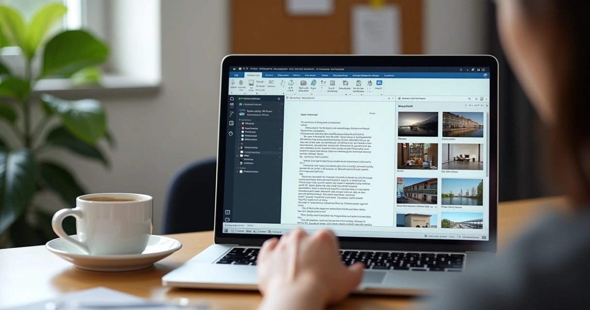 Pessoa criando roteiro de vídeo usando inteligência artificial em laptop com aplicativos de edição de texto e storyboard na tela 
