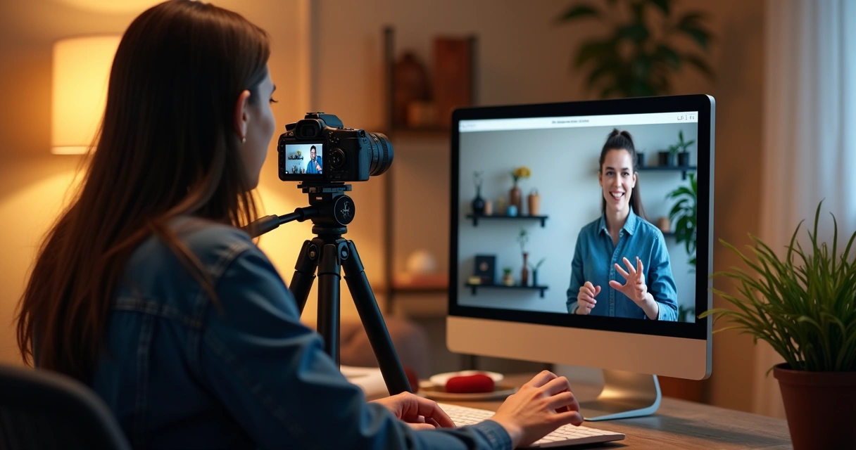 Pessoa gravando vídeo de review em casa, com ambiente organizado e câmera no tripé 
