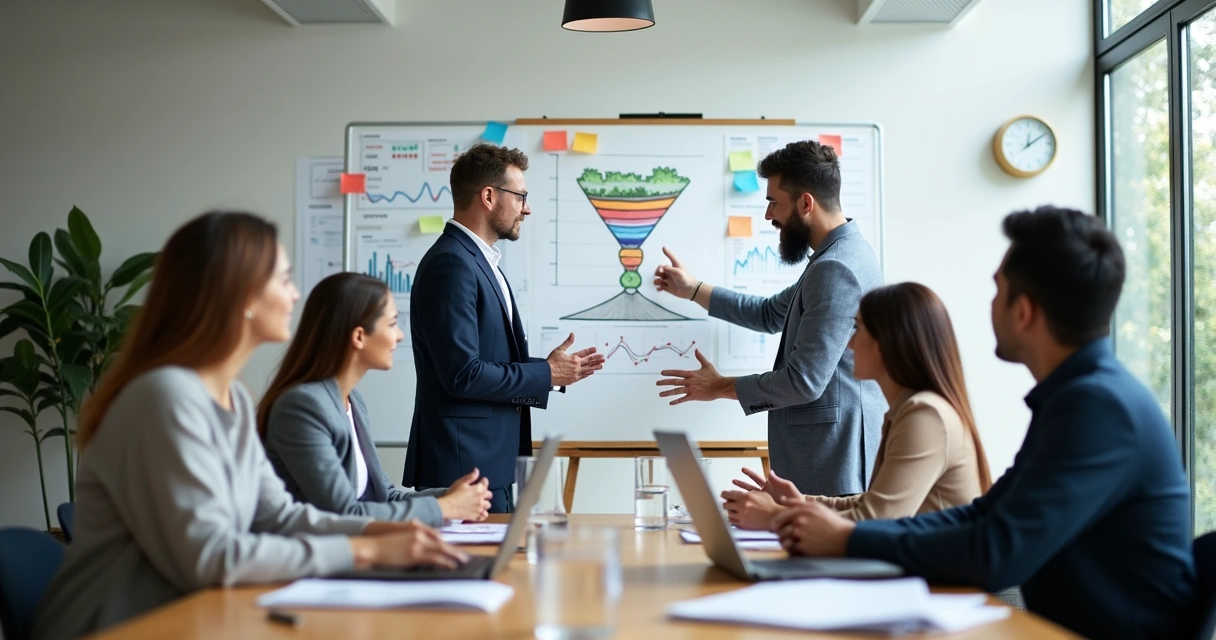 Equipe de marketing discutindo estratégias em quadro branco 