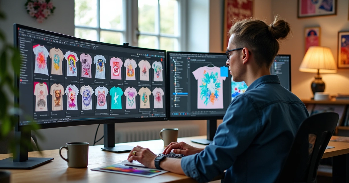 Designer criando arte para produtos personalizados em computador