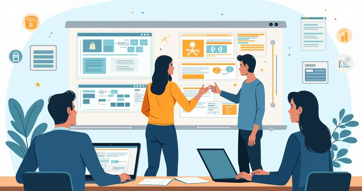 Ilustração plana corporativa de desenvolvedores criando diagramas de software em telas digitais com elementos técnicos, ícones UML e colaboração em equipe 