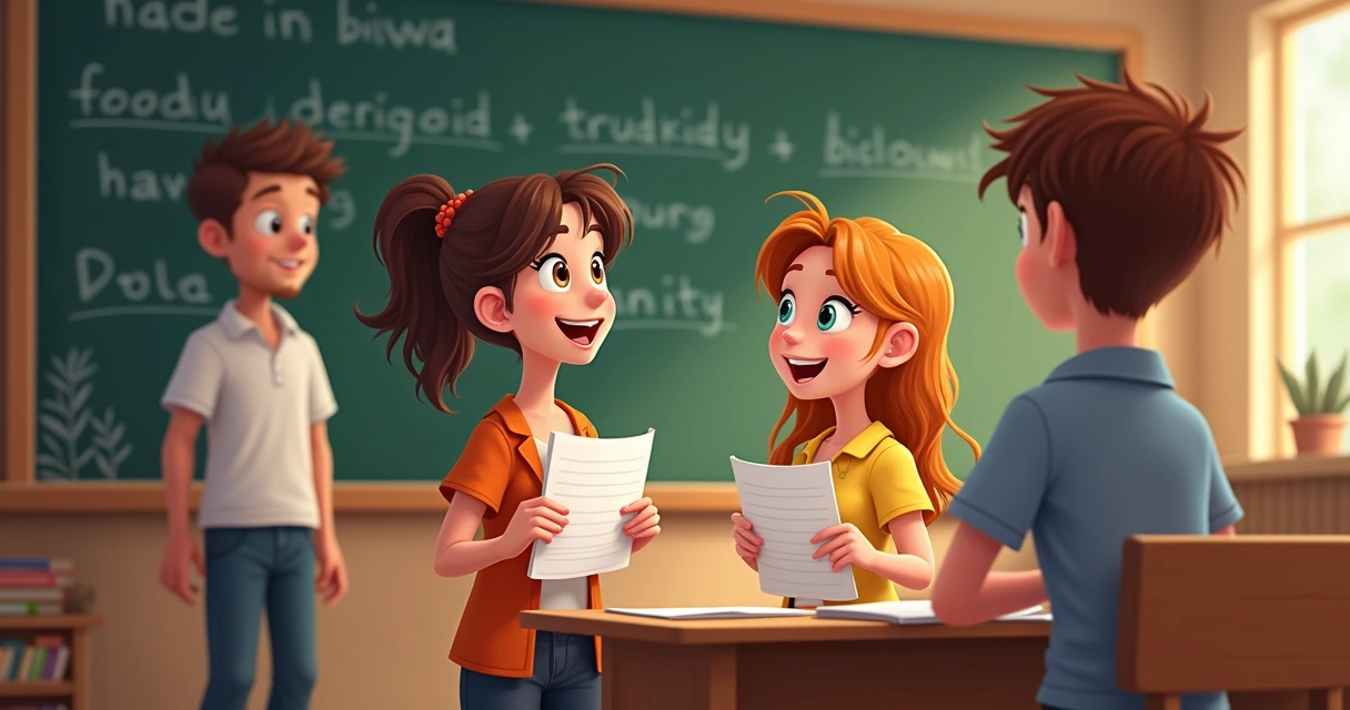 Dois alunos ensaiando diálogo de vocabulário em sala de aula 