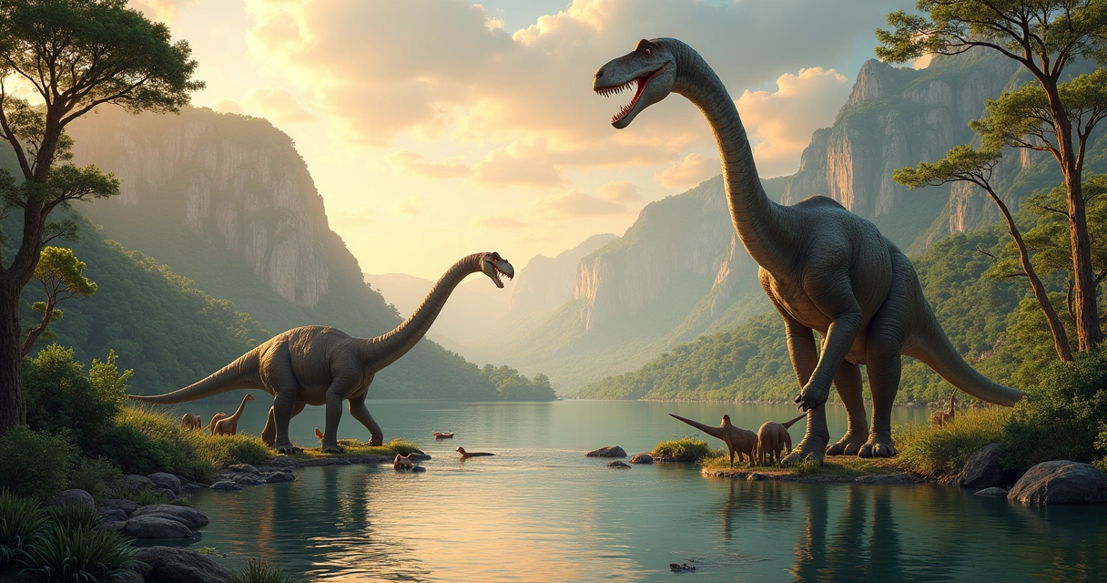 Dinossauro Brachiosaurus e outros dinossauros em um mundo pré-histórico vibrante, sob um céu alaranjado.