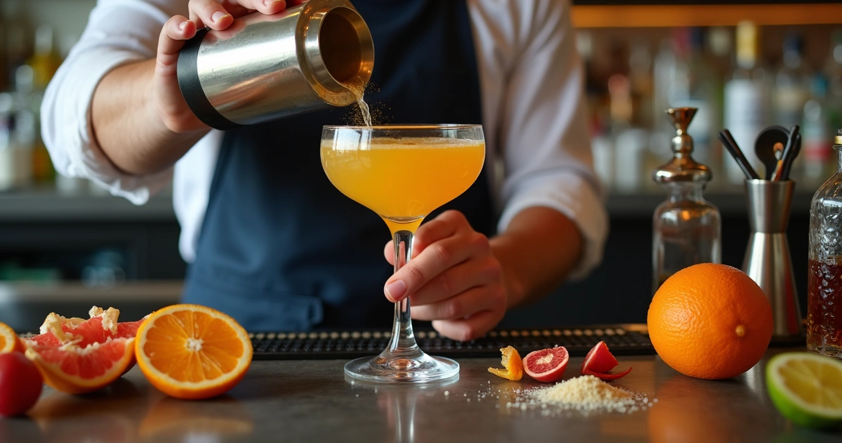 Preparação de um drink autoral com ingredientes variados, em um balcão de bar moderno 