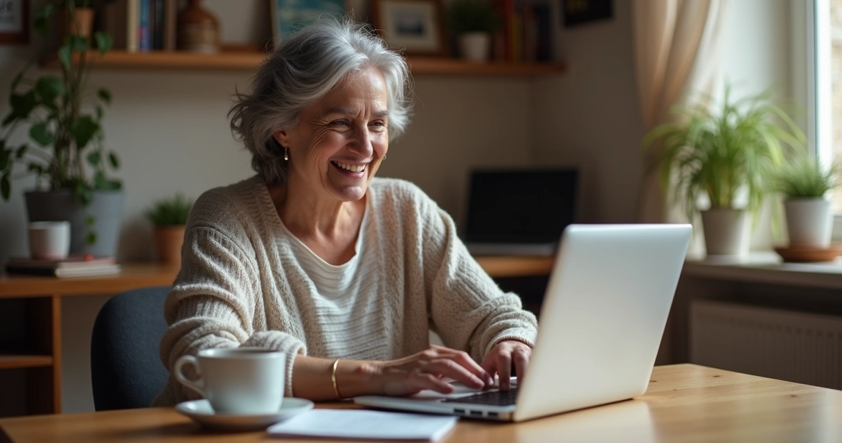 Mulher de cabelo grisalho digitando um ebook em um notebook 