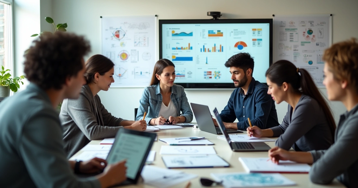 Equipe reunida criando ebook profissional, com computadores e anotações 