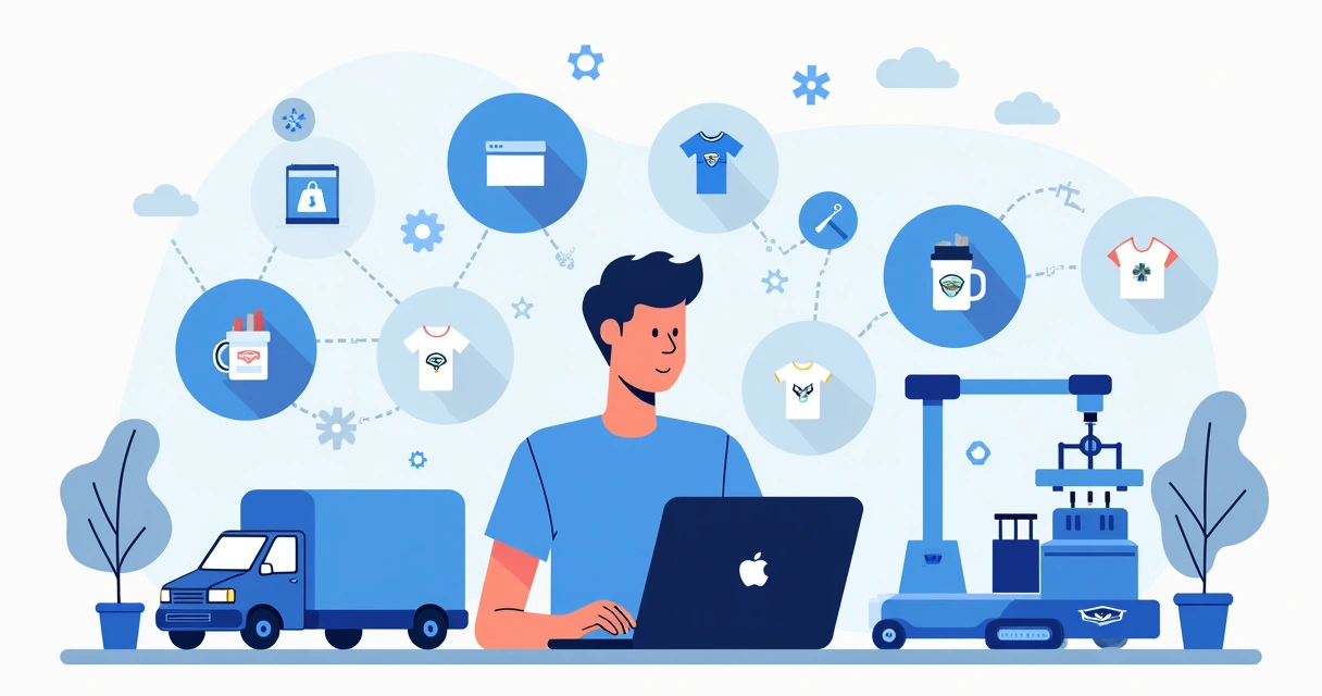 Ilustração corporativa flat de empreendedor criando loja virtual em computador com ícones de Shopify, Nuvemshop e Yampi ao redor 