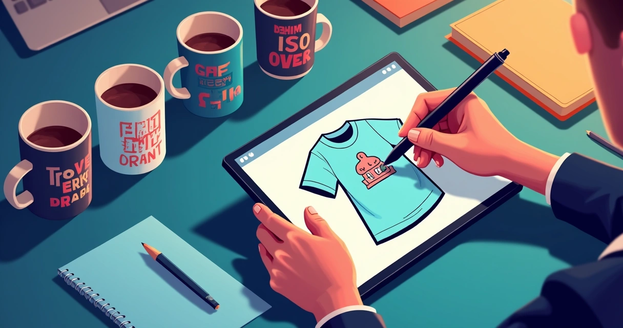 Processo criativo de design de uma estampa para camiseta em tablet com várias canecas estampadas ao lado 
