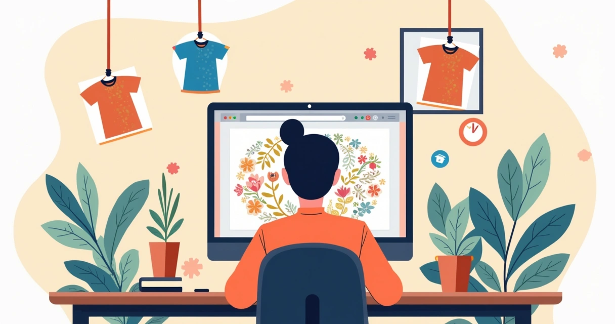 Pessoa criando estampas digitais em computador com elementos de camisetas e canecas ao redor 