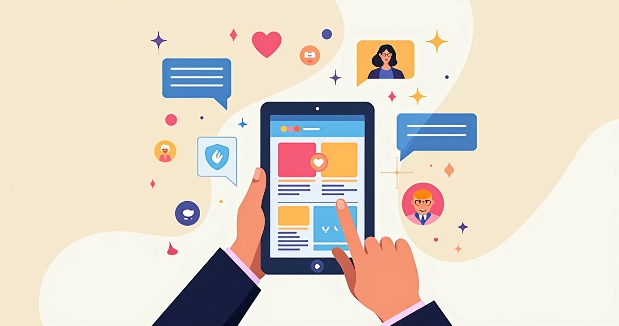 Pessoa interagindo com landing page agradável em tablet