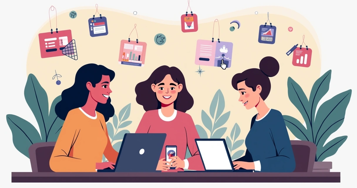 Mulheres empreendedoras interagindo com interfaces digitais coloridas em ambiente de trabalho criativo 