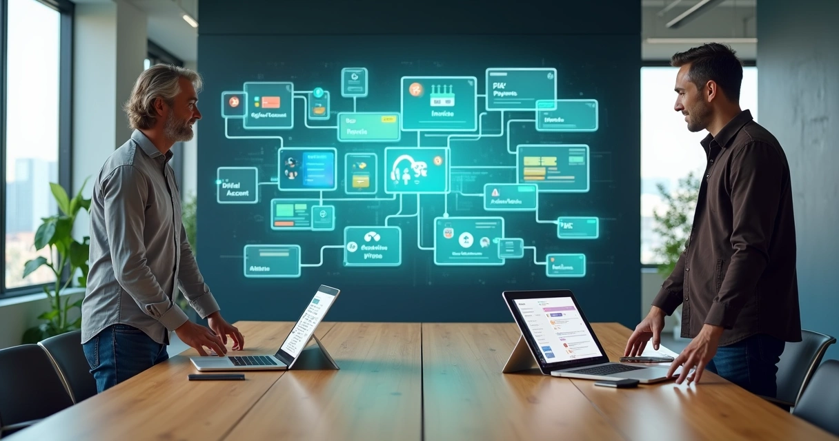 Empreendedores montando app de fintech white label em mural digital no-code 