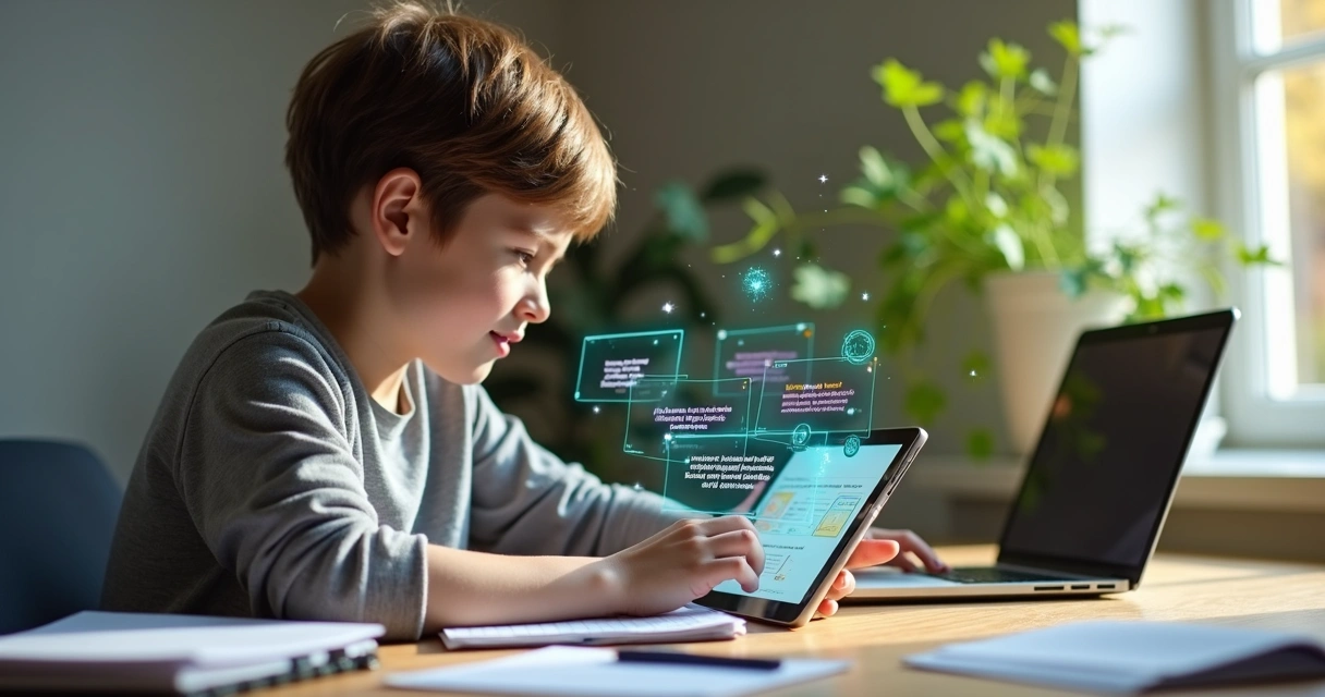 Aluno usando IA para criar flashcards em computador e tablet 