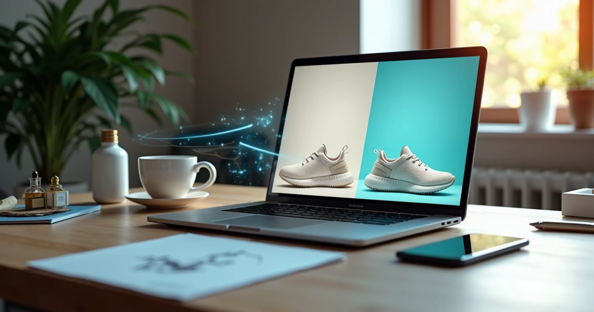 Vendedora criando fotos de estúdio com inteligência artificial no notebook 