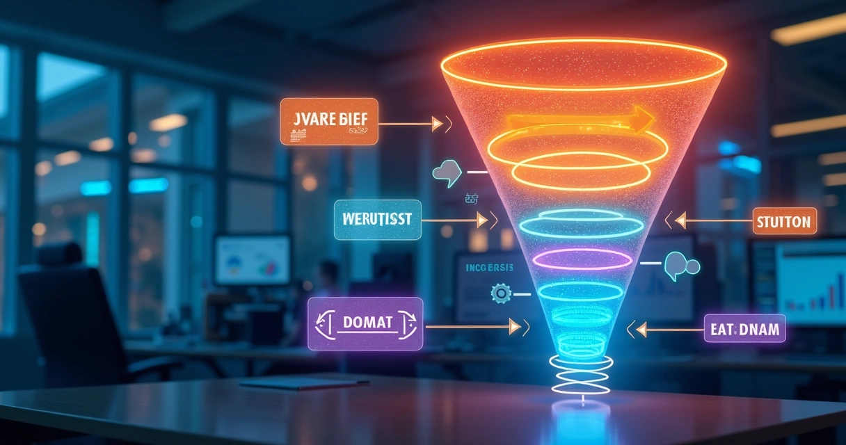 Diagrama digital colorido mostrando as etapas de um funil de vendas com conexões automatizadas 
