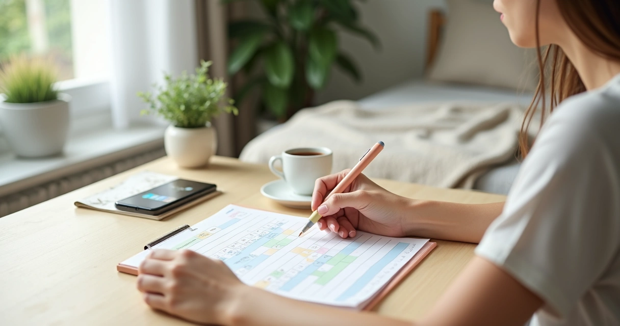 Pessoa marcando progresso de hábitos em calendário colorido na mesa com xícara de café 