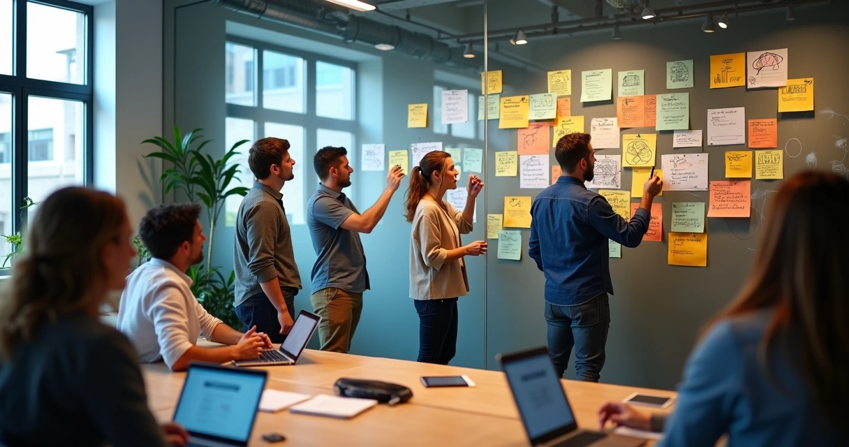 Agência de publicidade reunida discutindo ideias criativas com diagramas coloridos em parede de vidro. 