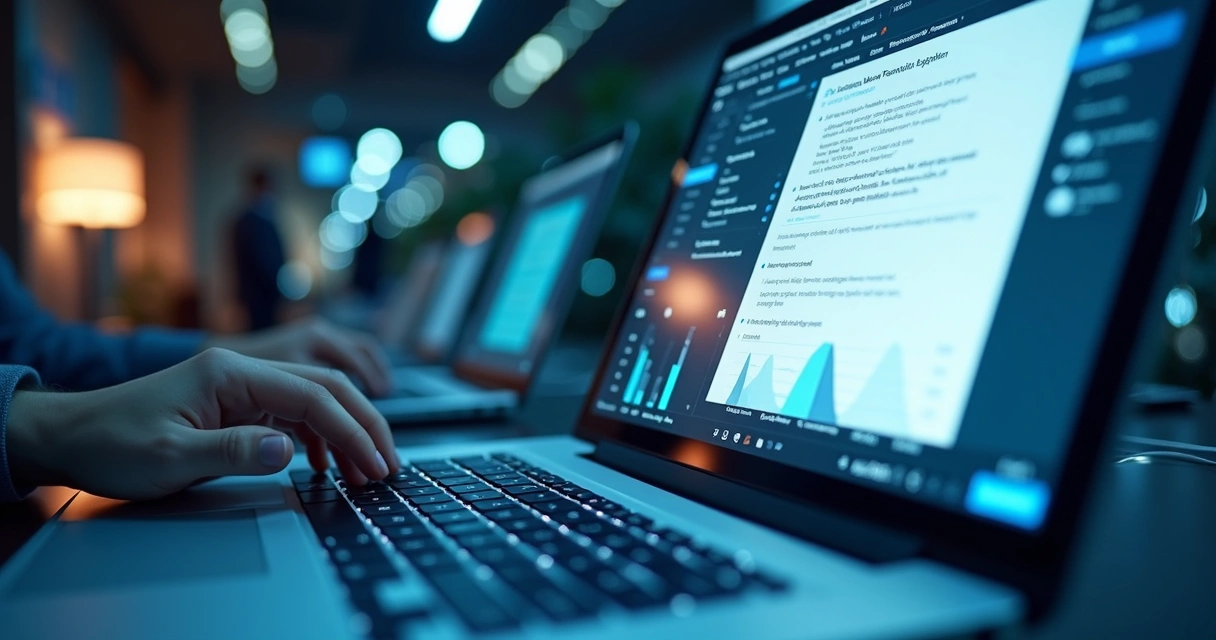 IA escrevendo post para LinkedIn em tela digital com texto e gráficos 