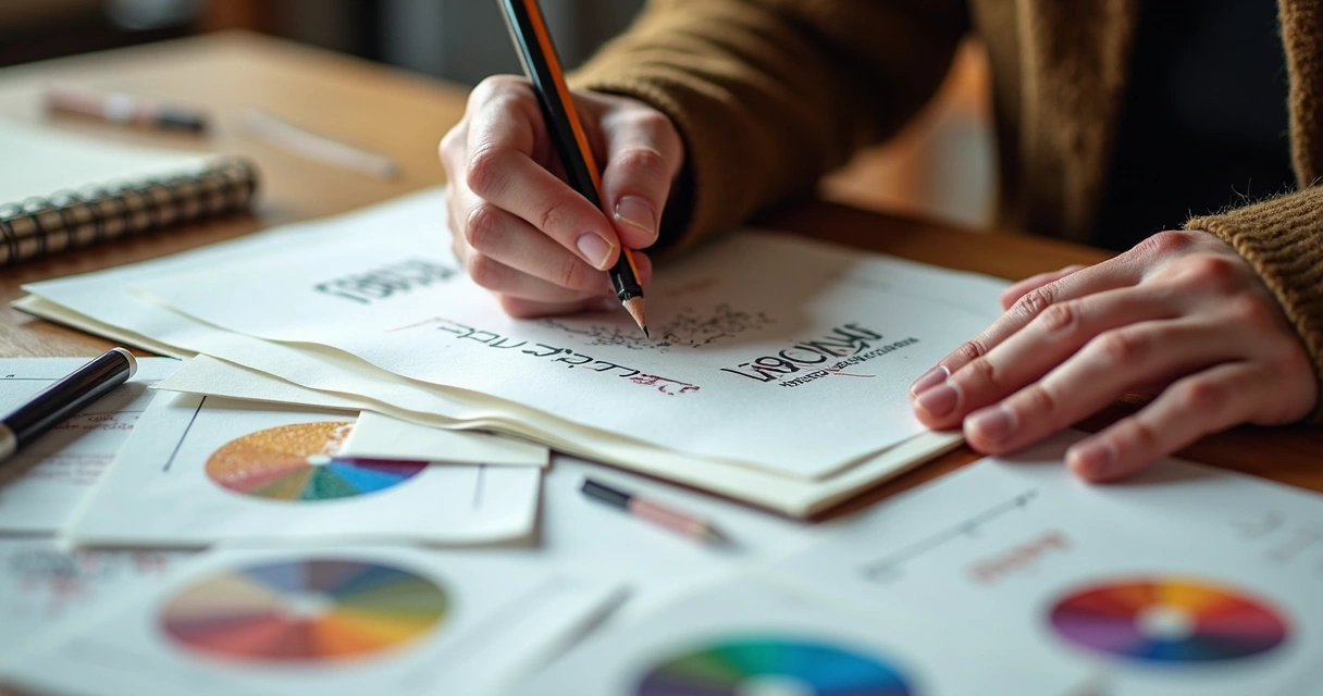 Designer criando identidade visual premium com elementos artesanais 