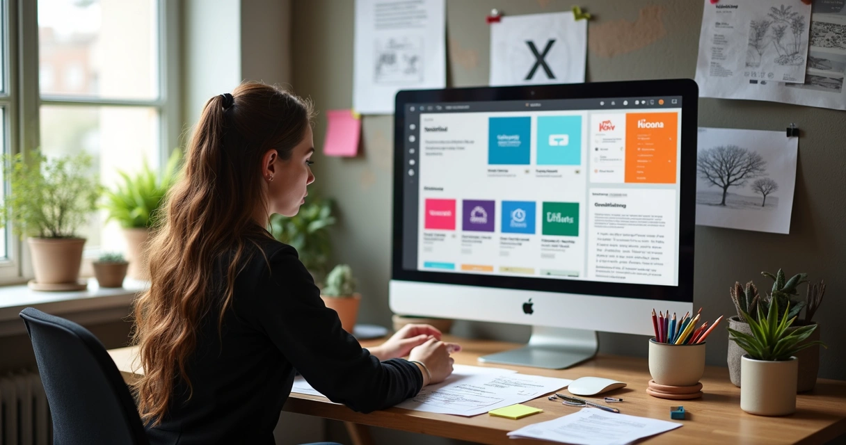 Designer criando identidade visual ao lado de moodboard e tela de computador 