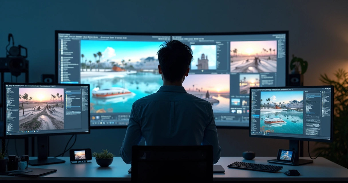 Fotógrafo em estúdio digital com monitores exibindo cenas criadas por IA e referências visuais modernas 