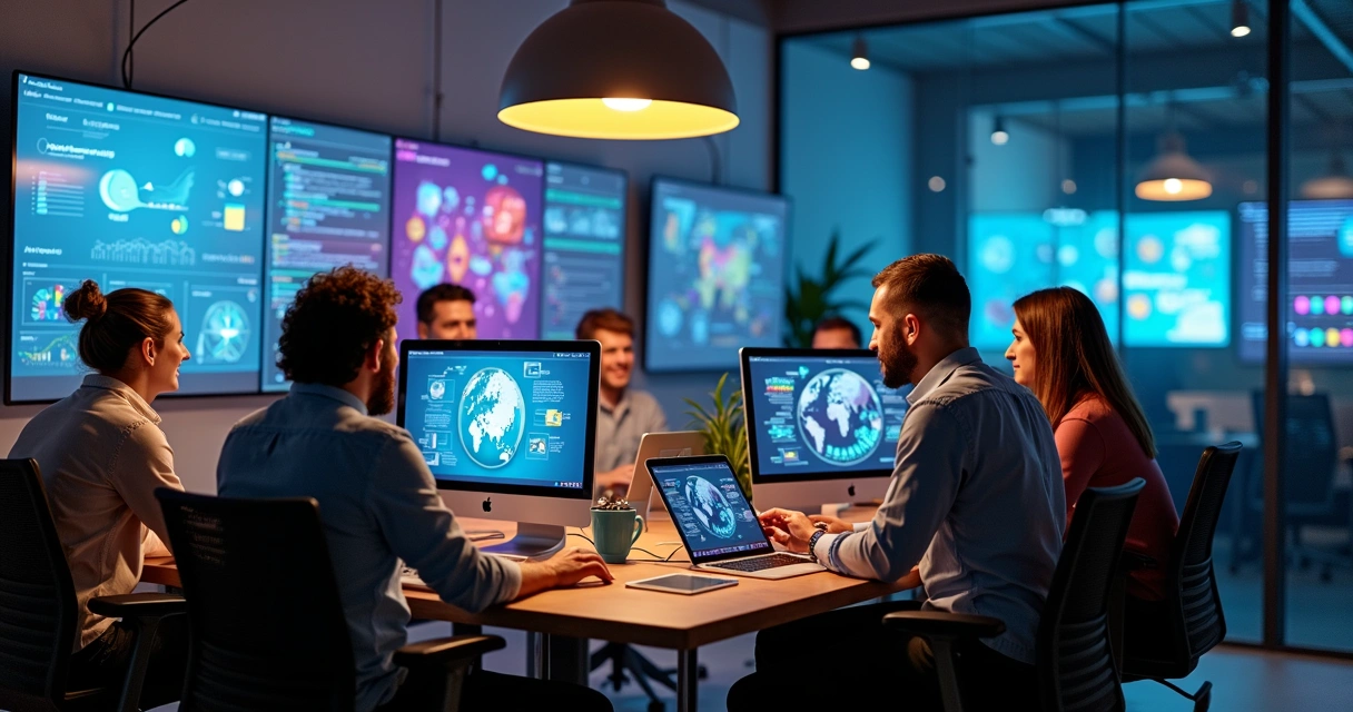 Profissionais de marketing criando infográficos com IA