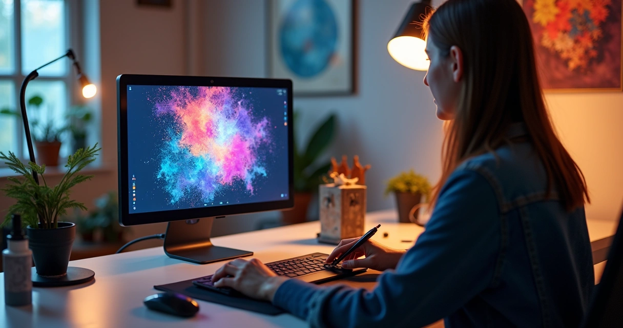 IA Imagem: Como Gerar Imagens para E-commerce e Marketing 2 Pessoa usando laptop para criar imagem digital em estúdio moderno, tela mostra arte visual colorida