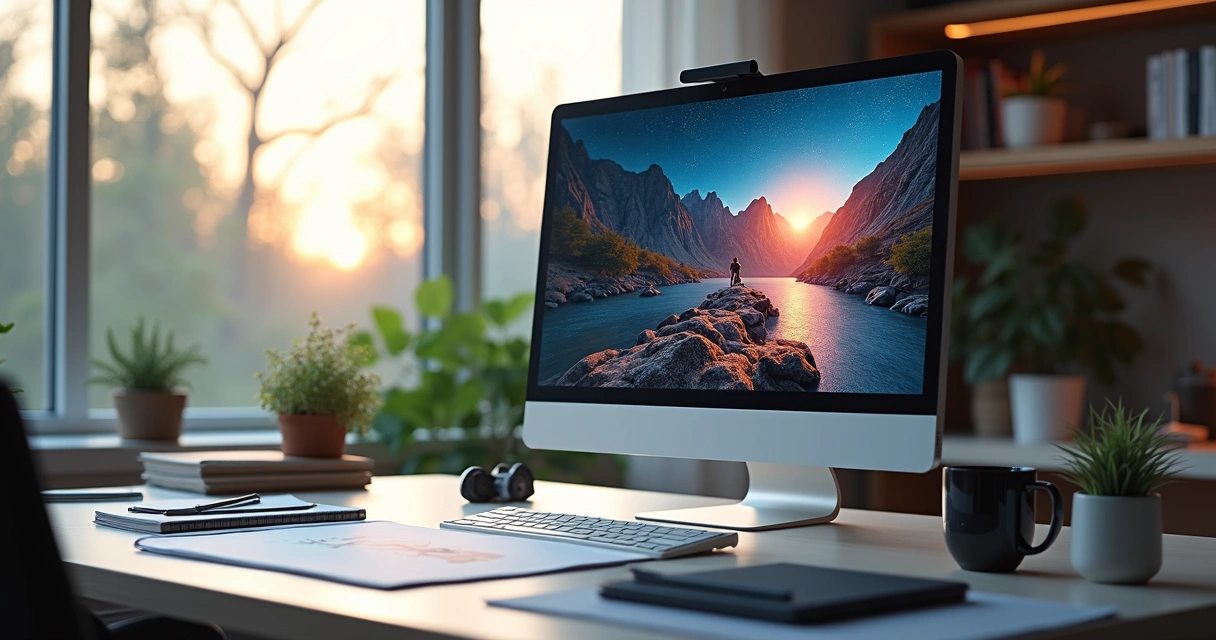 Tela de computador exibindo geração de imagem por inteligência artificial com fotos artísticas 