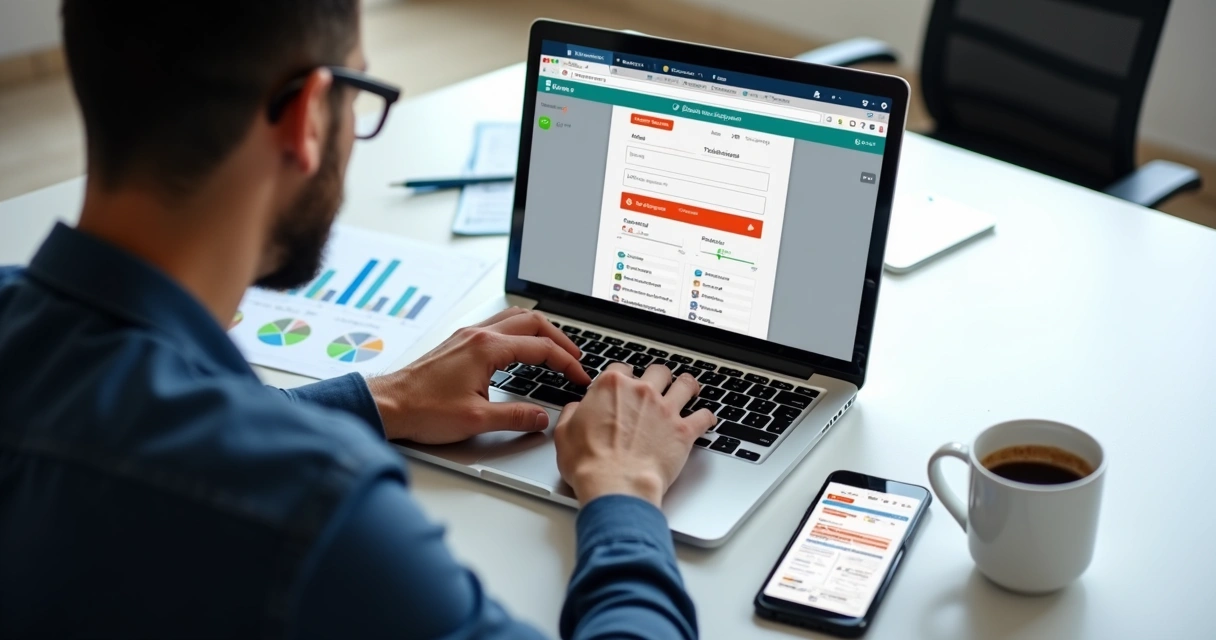 Profissional ajustando landing page em notebook com gráficos 