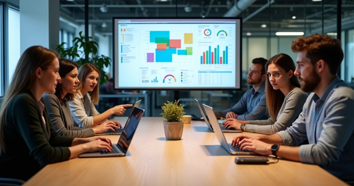 Equipe digital colaborando em projeto de landing page em ambiente moderno. 