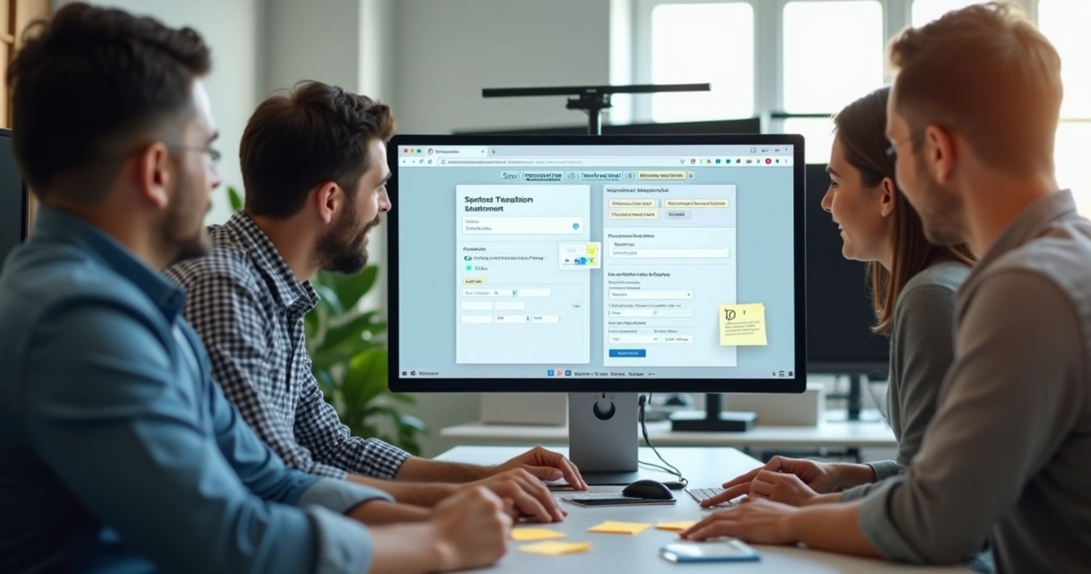 Equipe criando landing page em editor visual 