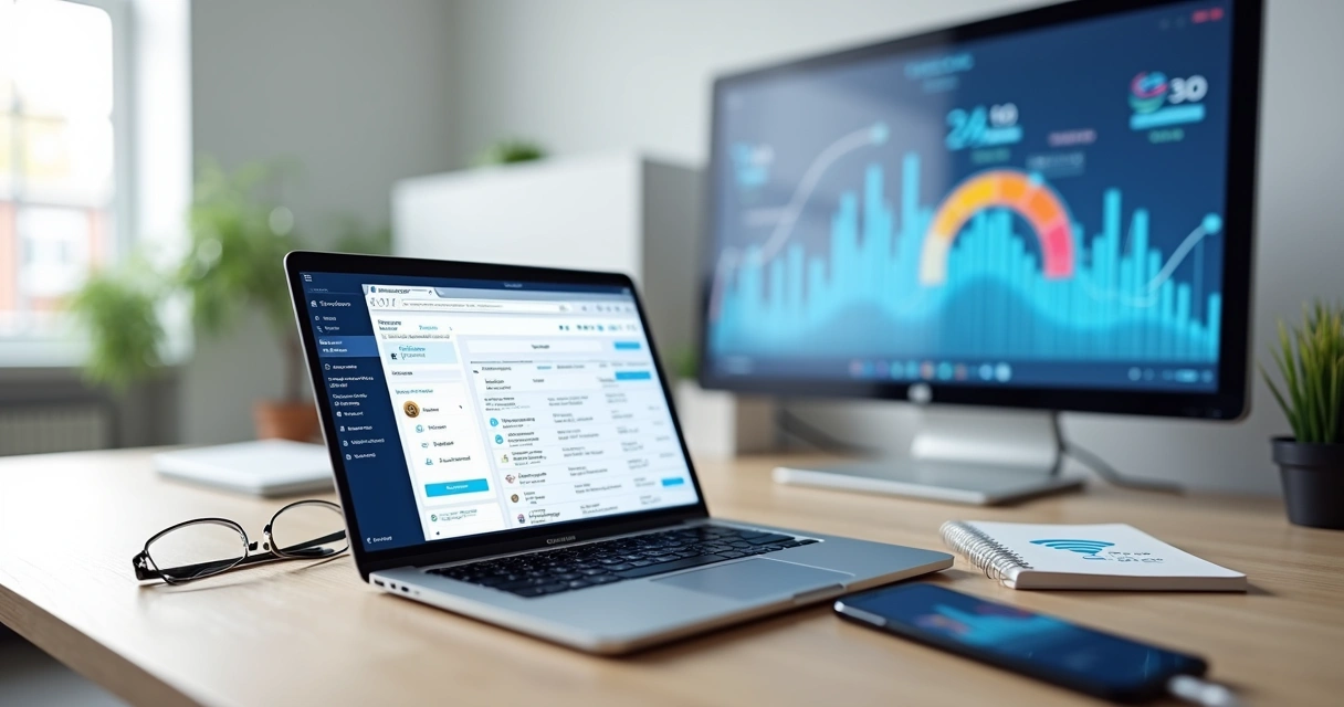 Tela de criação de landing page rápida no GreatPages em notebook sobre mesa de trabalho digital 