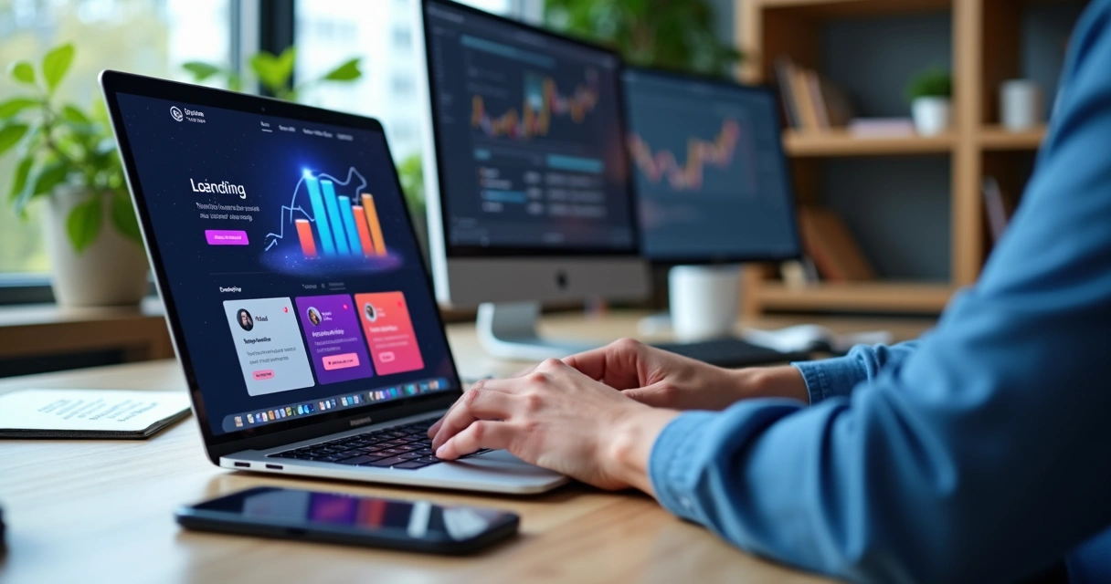 Profissional criando landing page em notebook com gráficos de conversão e ícones de IA na tela 