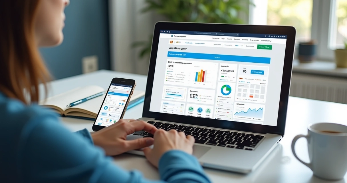 Pessoa criando landing page em notebook com gráficos e bloco de notas 