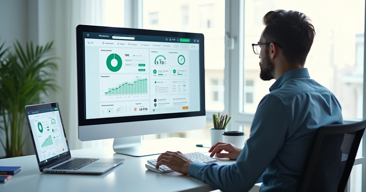 Profissional analisando ferramenta de criação de landing page em dashboard de marketing digital 
