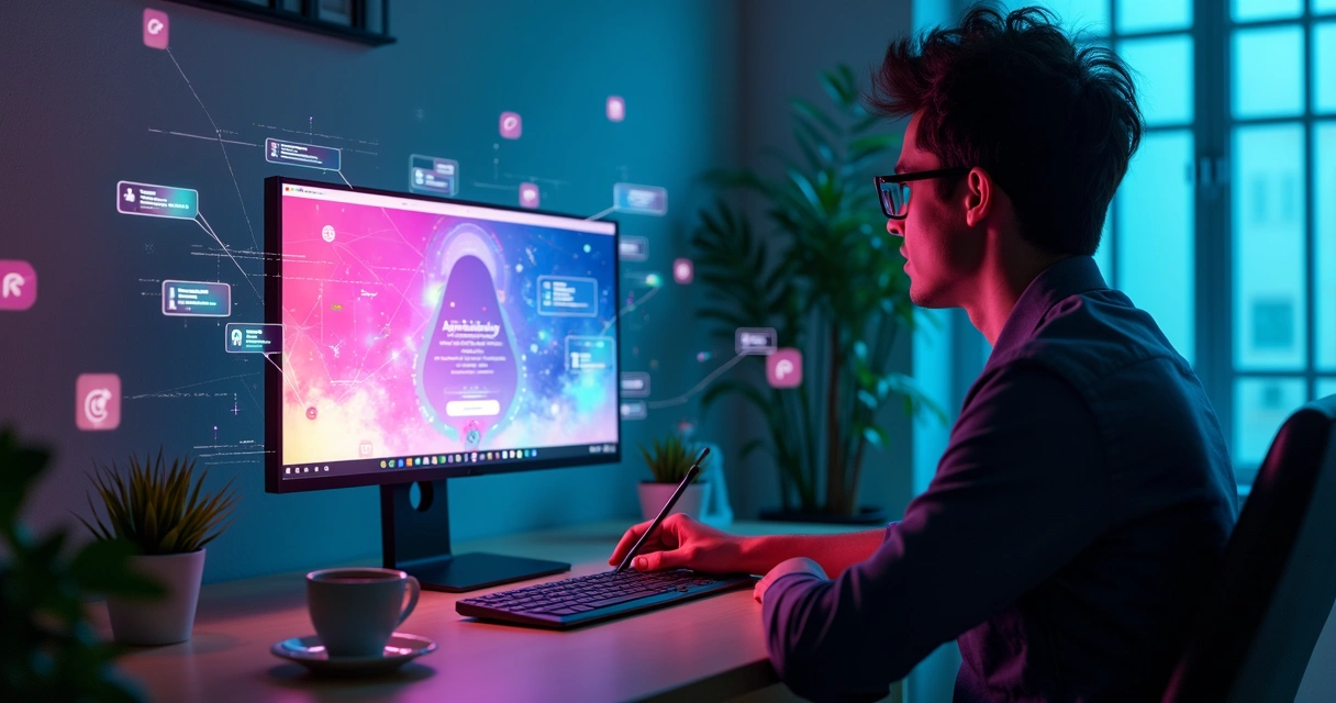 Computador com layout de landing page e código IA ao fundo 
