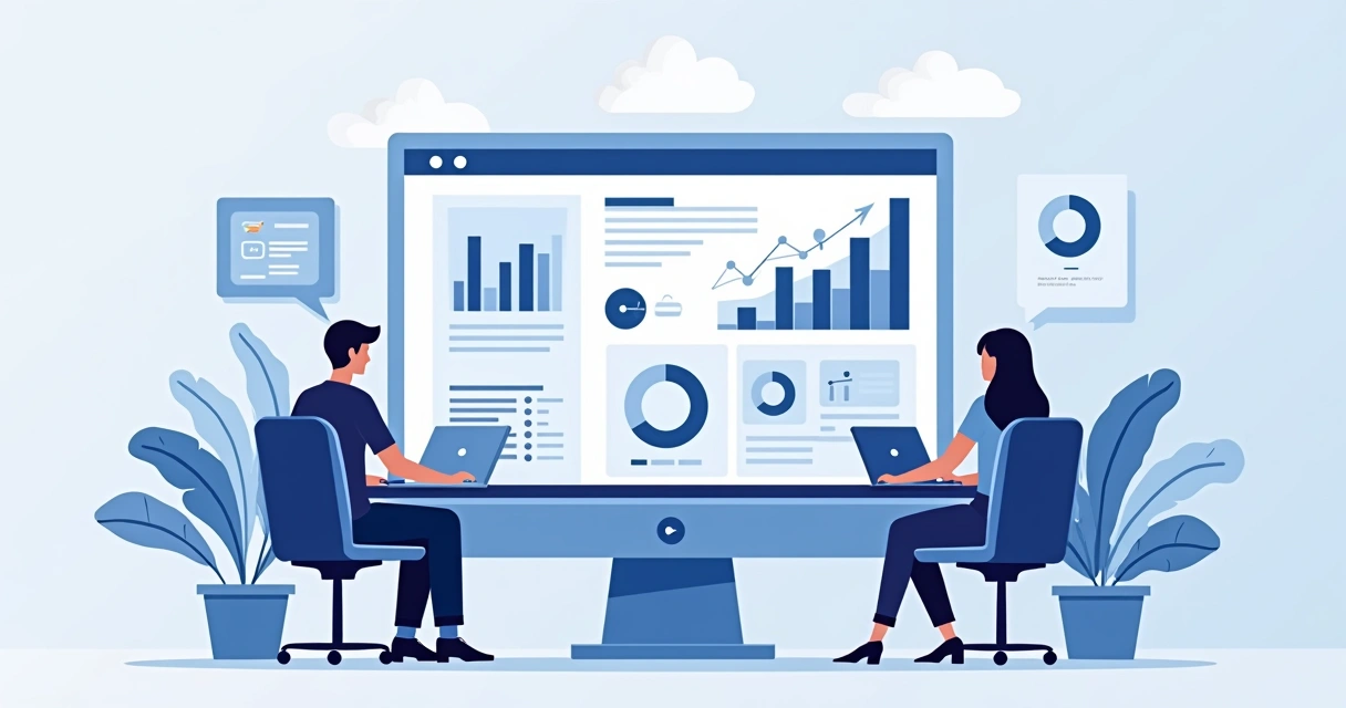 Equipe de webdesigners desenvolvendo landing page com editor visual e muitos gráficos de performance aparecendo ao fundo. 