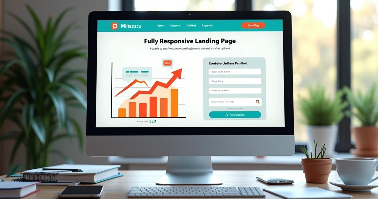 Tela de computador exibindo uma landing page moderna e responsiva com elementos de marketing digital 