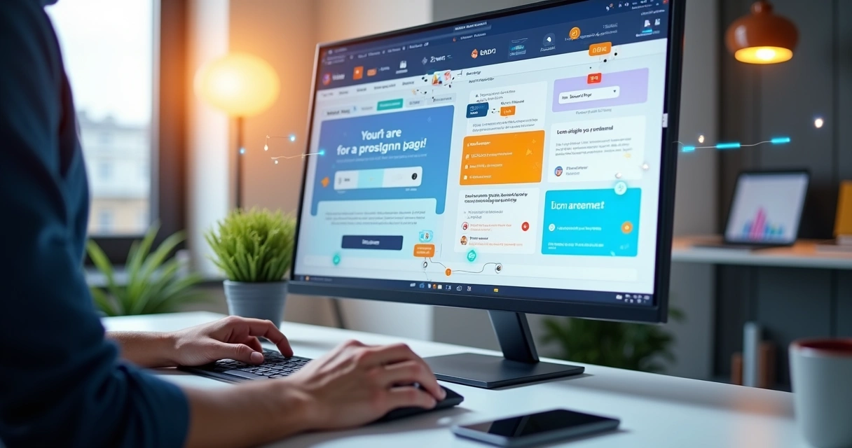 Profissional montando landing page com blocos arrastando e soltando em tela grande 