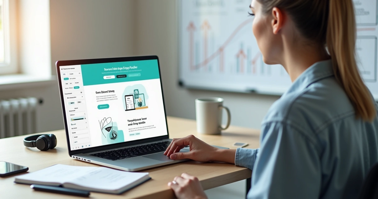 Profissional criando landing page em laptop com editor visual na tela 